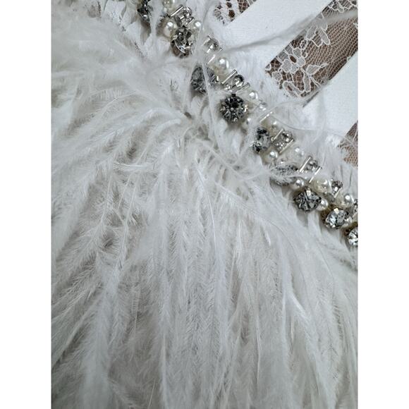ALICE + OLIVIA XIA SHEER BUSTIER CRYSTAL FEATHERED MINI DRESS OFF WHITE SIZE 14 - Picture 10 of 11